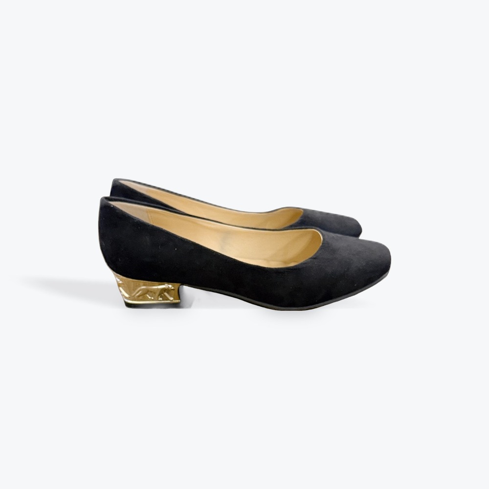 Classique Womens Black Suede Gold Panther Block Heel Pumps Size 7.5W Low Heel